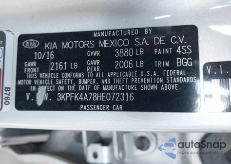 2017 Kia Forte Lx from USA, damaged, VIN 3KPFK4A78HE072316